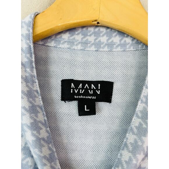 Boohoo Man Knit Button Down Top Men Large Blue White Houndstooth Academia Preppy - Picture 5 of 8